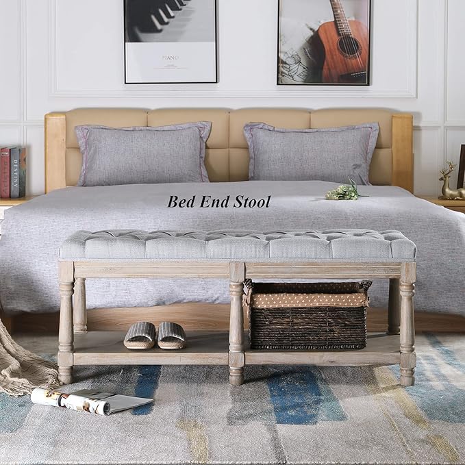 Mid Century Tufted Storage Bench with Shelf, Linen Upholstered Farmhouse Entryway Shoe Bench Ottoman Bed End Stool with Padded Seat, Rustic Bench for Bedroom Living Room Dining Room, Grey