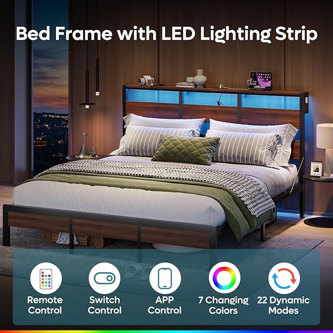 Bestier King Bed Frame with Storage Headboard and Charging Station, Walnut Platform Bed Frame with LED Light, Non-Slip Metal Bed Frame, Noise-Free, Easy Assembly,Brown
