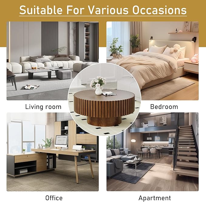 Round Drum Coffee Table 31.5" Wooden Coffee Tables Handcrafted Fluted Drum Coffee Table Modern Luxury Circle Center Table Vintage Farmhouse Center Table for Living Room (Round Dark Brown)