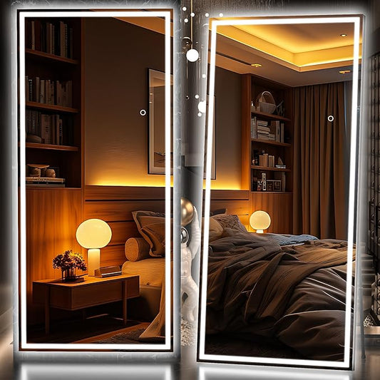 Hasipu Full Length Mirror with Lights, 81" x 34" LED Lighted Floor Standing Mirror, Full Body Dressing Hanging Mounted Mirrors, Dimmable, Tempered Glass, Safe to Use, Square Black