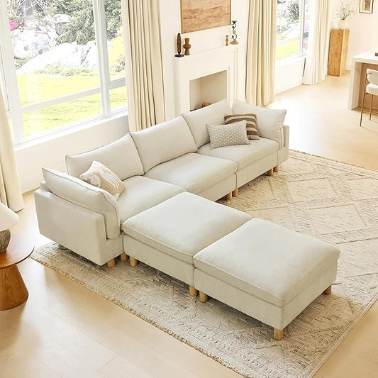 CHITA 127" Super Large Sectional Couches for Living Room, Modular Cloud Couch Sectional Sofa, Premium Fabric Couches, Down Filled, High Density Foam, Chenille in Cream, 5 Seat U Shaped