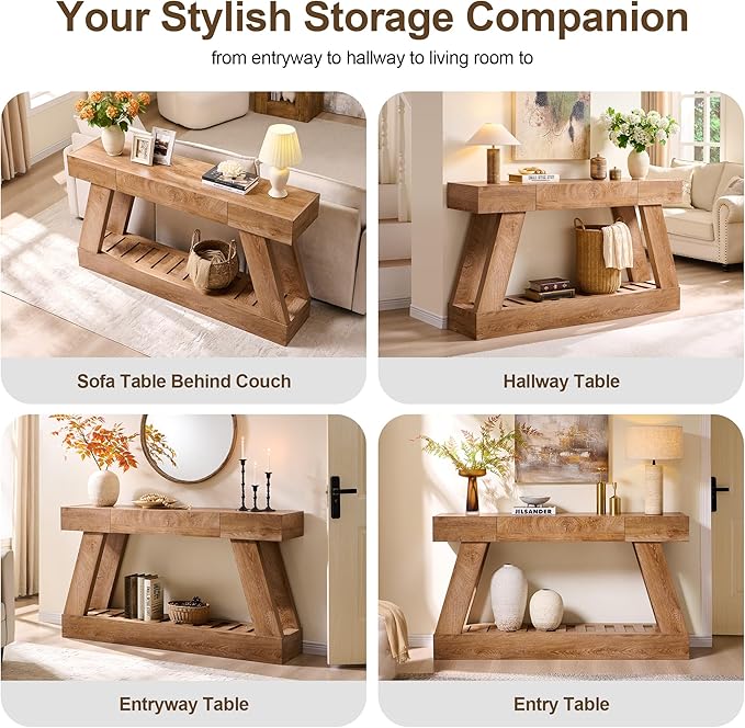 60" Farmhouse Entryway Table with Drawer, Wooden Hallway Foyer Table with Heavy Duty Base, Sofa Table for Living Room(Light Knotty Oak)