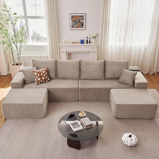 140" Sectional Cloud Couch for Living Room, Stupendous U Shaped Sofas, Modular Floor Deep-Seat Sofa, Big Comfy Corduroy Couches Set with Fluffy Memory Foam, No Assembly Required, Camel