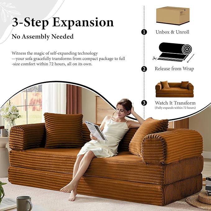 Boneless Couch Sofa Bed Sectional Couches for Living Room,Futon Cloud Couch with Sleeper Sofa,Sofas for Living Room Oversized Corduroy Upholstered (Orange)
