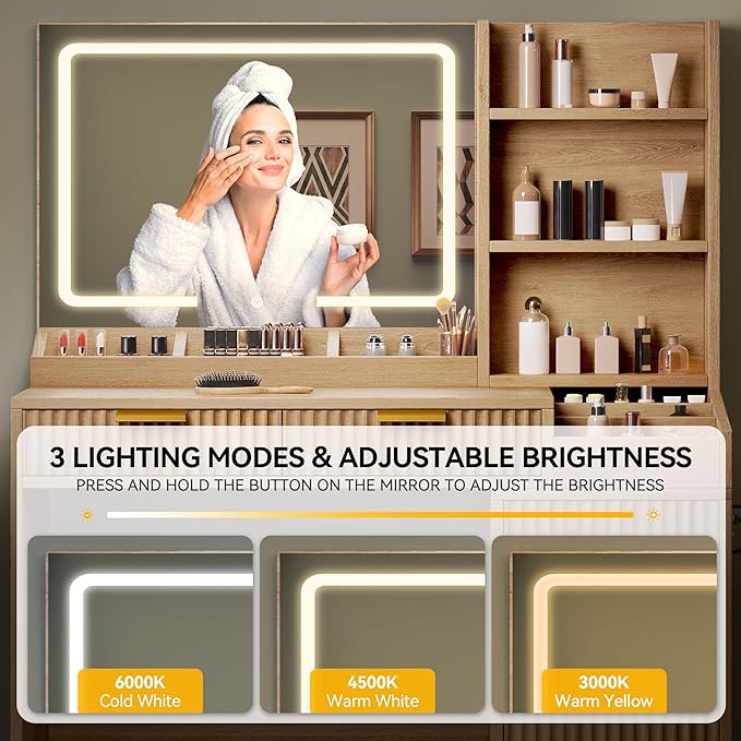 DWVO Fluted Makeup Vanity Desk with Large 27" Mirror and Lights, Modern Big Makeup Table with Power Outlet, 11 Shelves & 2 Drawers, 3 Color Lighting Modes, Dressing Table Vanity Set for Bedroom, Oak