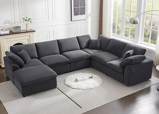 Modular Sectional Sofa Modern Oversized Chenille Cloud Couch with Movable Ottoman 7 Seater L-Shaped Sofas Comfy Couches for Living Room Spacious Space Office Lounge, Dark Grey