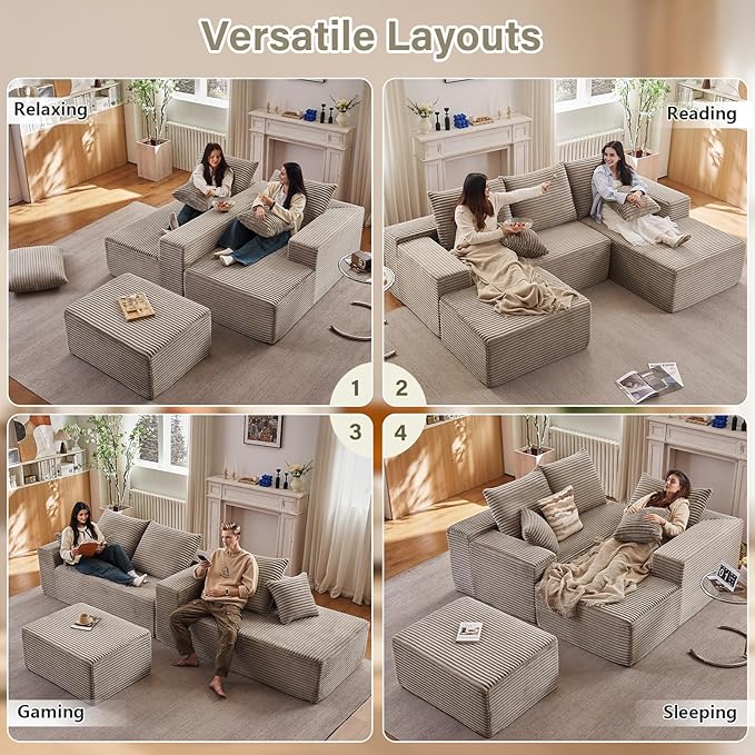 107" U-Shape Cloud Couch, Modern Modular Sectional Comfy L-Shape Sofa with Ottoman, Deep Seat, Upholstered Corduroy Sleeper Chaise Longue for Living Room Bedroom, No Assembly Required, Camel