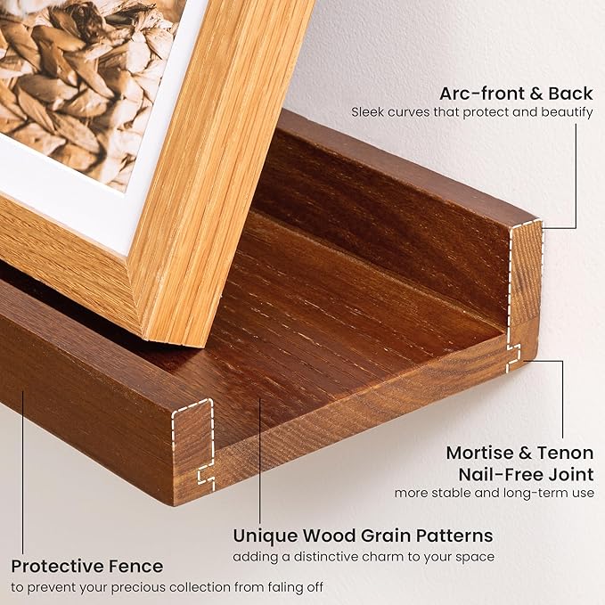 Solid Ash Wood Picture Ledge Shelf, 24 Inch Floating Shelves with Lip Set of 2, Photo Ledge Shelf Nursery Bookshelf Wall Mounted for Living Room Bedroom Decor, Walnut