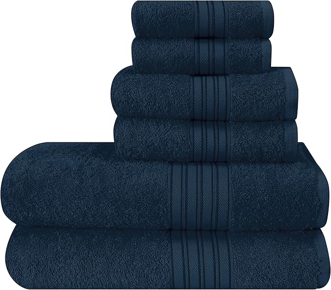 BOUTIQUO 6 Pack Cotton Towel Set, Contains 2 Bath Towels 28x55 inch, 2 Hand Towels 16x24 inch & 2 Wash Coths 12x12 inch, Ideal Everyday use, Ultra Soft Compact & Lightweight - Mineral Blue