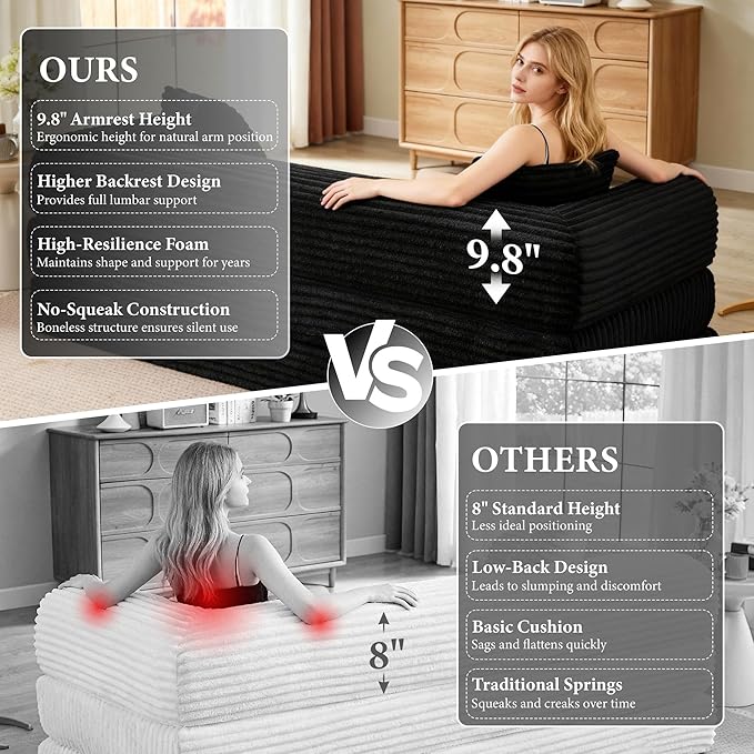 Boneless Couch Sofa Bed Sectional Couches for Living Room,Futon Cloud Couch with Sleeper Sofa,Sofas for Living Room Oversized Corduroy Upholstered (Black)