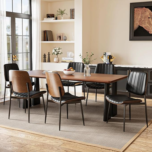 Modern Green Leather Dining Chair Set of 6, Bentwood Backrest & Black Metal Frame Ergonomic Comfort, Sustainable Style, Multi-Space Versatile, Black