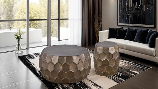 Modern Contemporary Round Aluminum Material 32" Coffee Table and 21" Height Table 2PC Table Set with Glossy Diamond-Patterned Base Antique Gold