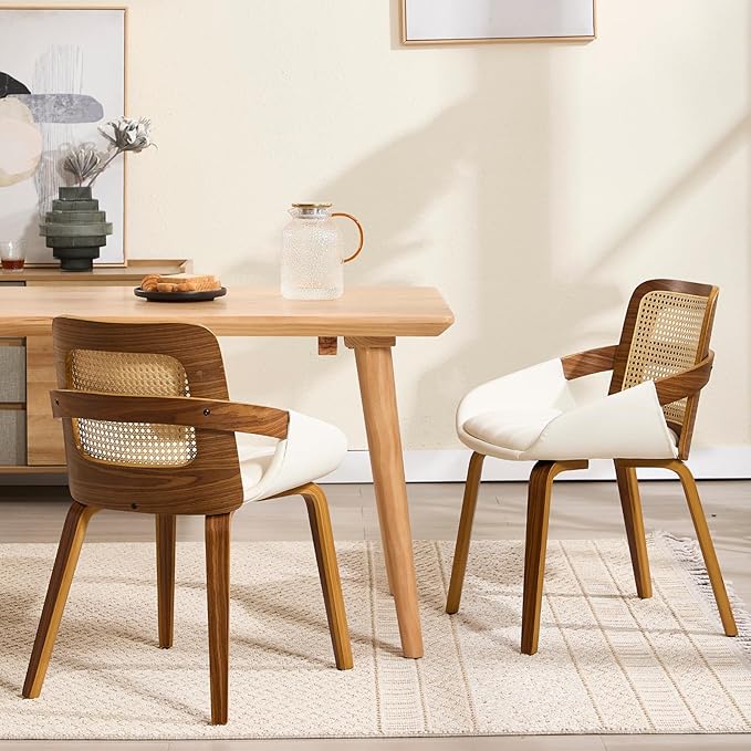 DUOMAY Modern PU Leather Dining Chairs Set of 2, Cane Back Room Chairs with Solid Wood Legs Kitchen Chairs for Living Room, Restaurant, White