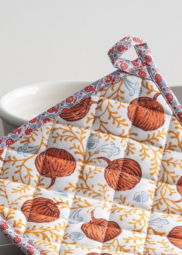 Maison d' Hermine Pot Holders 100% Cotton Heat Resistant Potholders 8" x 8" Hot Pads with Loop for Thanksgiving Christmas Decorations BBQ Cooking Baking Handling Hot Pans (Pack of 1, Harvest Festival)
