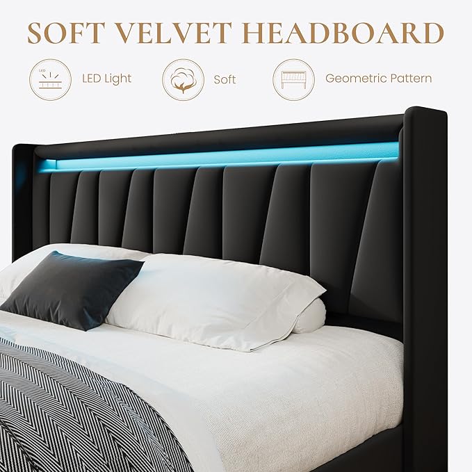 SHA CERLIN King Size Bed Frame with Charging Station and LED Lights, Modern Velvet Platform Bed with Upholstered Geometric Wingback Headboard, No Box Spring Needed, Easy Assembly, Black