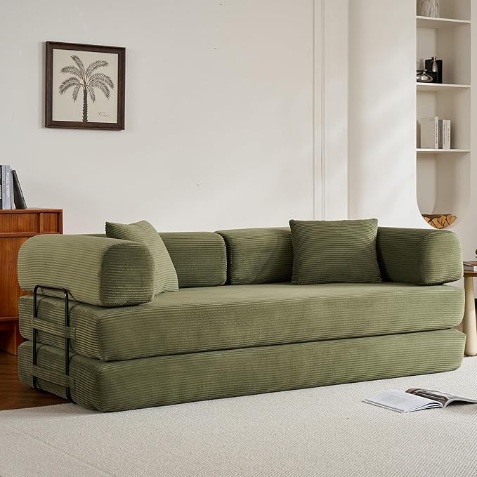 Convertible Folding Couch Bed, Comfy Corduroy Sleeper Floor Sofa Bed with Fixed-Shape Frame, Floor Sofa with Armrest, Lounge Couch for Living Room Bedroom Lounge Studio, Green