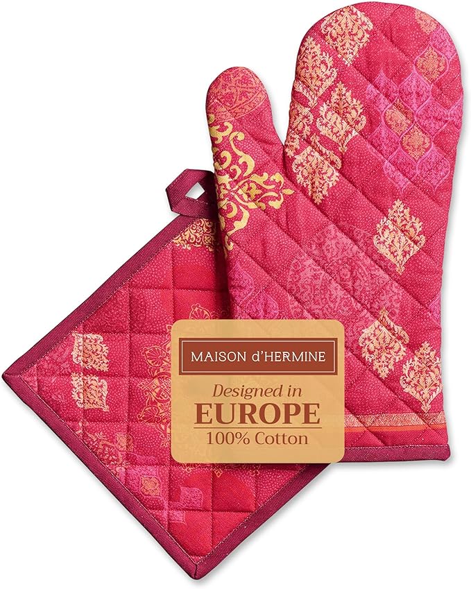 Maison d' Hermine 100% Cotton Oven Mitt & Pot Holder Set (7.5"x13" & 8"x8") Heat Resistant BBQ Cooking Gloves with Loop for Thanksgiving Christmas Decorations Handling Hot Pans (Versailles)