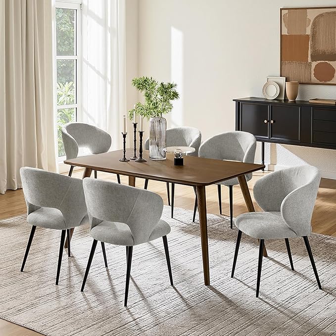 Contemporary Dining Chairs with Armrests – Ergonomic Soft-Padded Seat, Curved Backrest, Matte Black Metal Legs, Comfortable Kitchen & Dining Room Chairs, Set of 6