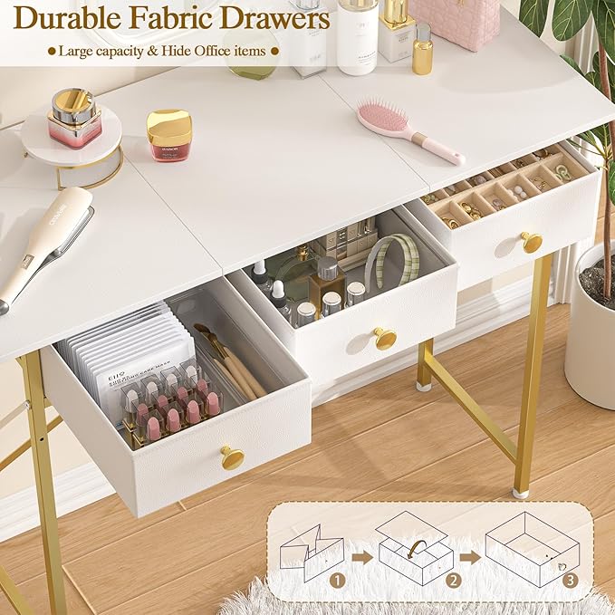 Small Makeup Vanity Desk No Mirror, 37.2 Inch Vanity Desk with 3 Drawers, Girls Vanity Dressing Table for Bedroom, Small Vanity for Small Spaces, White and Gold