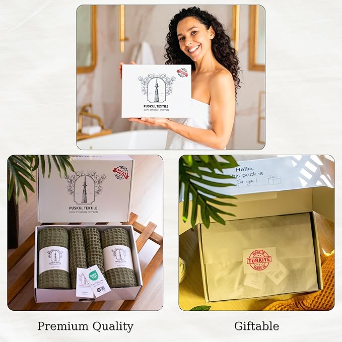 Püskül - Luxury Waffle Towel Set for Bathroom 4 Pieces Khakie Green, Premium Quality Organic 100% Turkish Cotton 2 Hand and 2 Bath Towels, Quick Dry Thin Waffle Towels, Made in Turkiye (Khaki Green)