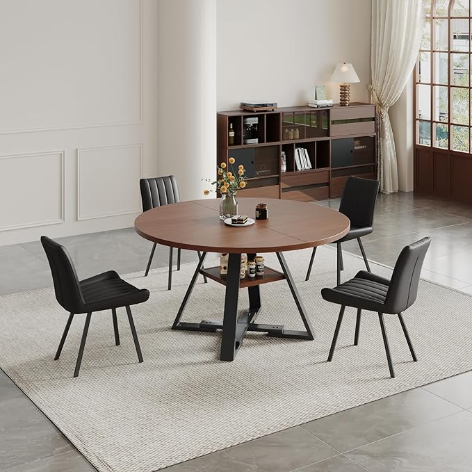Walnut Round Dining Table Set for 4, Mid-Century Modern Kitchen Table and Chairs, Small Space Dining Room Furniture for Apartment, Breakfast Nook or Studio (Boxwood-Storage Table+4 Black Chairs)