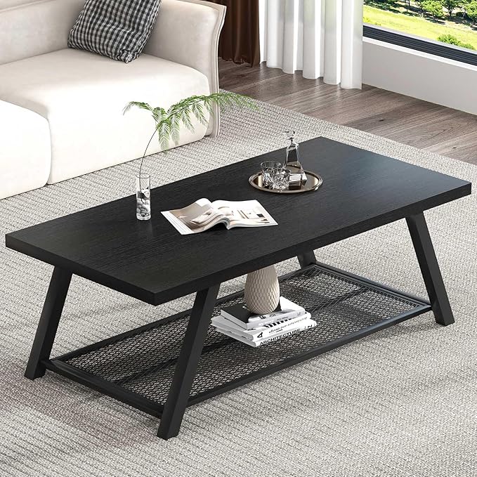 FOLUBAN Black Coffee Table, Modern Rustic Wood and Metal Living Room Table with Storage Shelf, Industrial Rectangle Cocktail Tea Table, 47 Inch