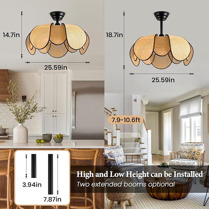 Rattan Fandelier Ceiling Fans with Lights,Boho Black Chandelier Ceiling Fan with Light Remote,Flush Mount Chandelier Ceiling Fan with 6 Speeds Fandelier for Bedroom, Living Room,Kitchen,26inch