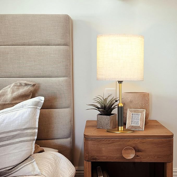 18.9" Bedside Table Lamp for Nightstand 3-Color Temperatures Living Room Lamp for Bedroom Wood Fabric Pull Chain Switch Small Desk Lamps Home Office End Table Room Decor (Light Brown+Brass)