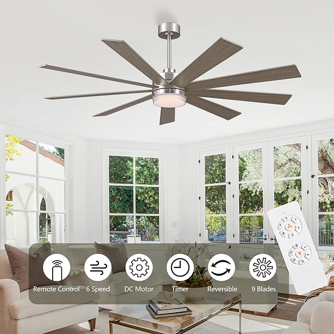 64" Ceiling Fan with Light, 6-Speed Remote Control, Reversible DC Motor, Modern 9 Blades with 4.5"/12" Downrods for Home or Commercial Silver/Wood Color