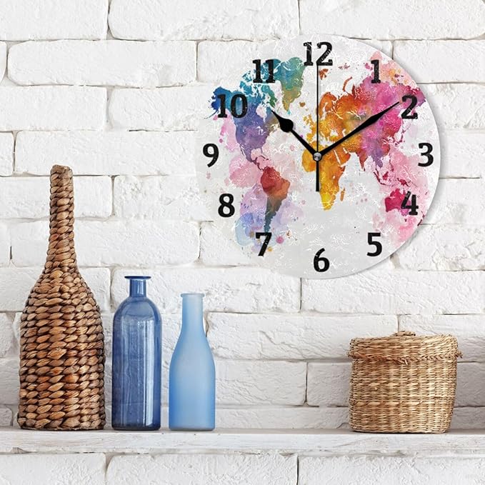 Wall Clock Watercolor World Map Silent Non Ticking Wall Clock Decorative Battery Operated Wall Clocks for Home Kitchen Bedroom Living Room Office