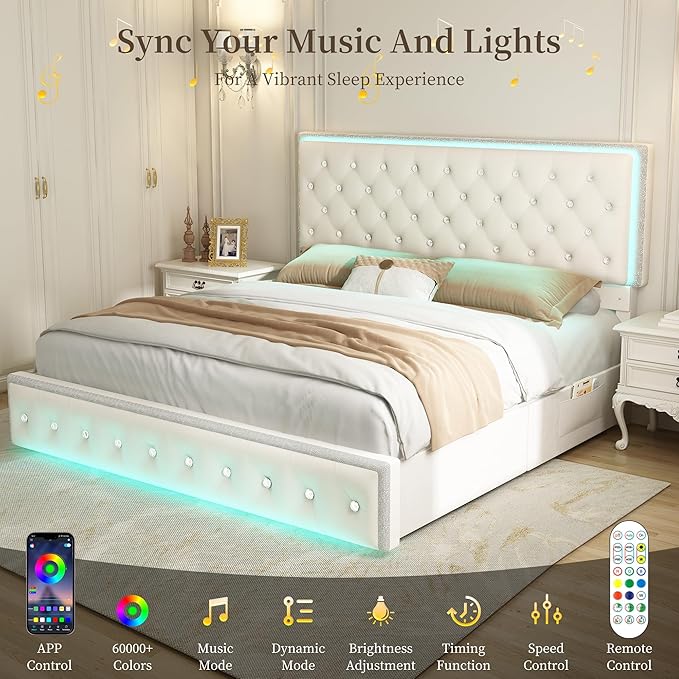 Queen LED Bed Frame with 2 Drawers, Storage Platform Beds with Upholstered Crystal Button Tufted Headboard Footboard, 2 Side Pockets, No Box Spring Needed, Velvet Cream