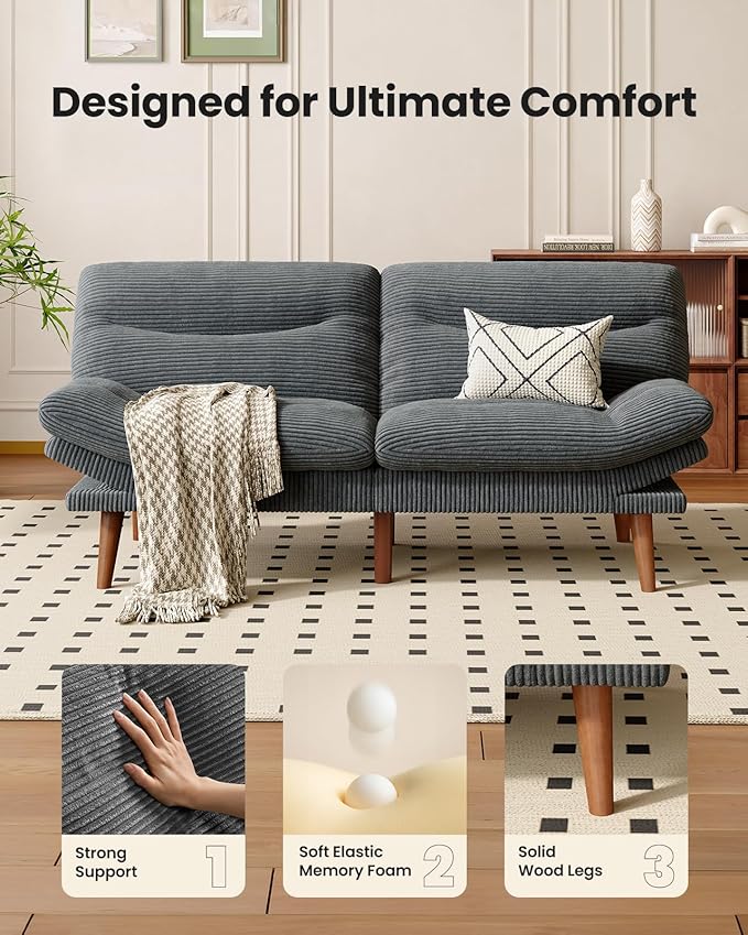 Amada 75" Convertible Futon Sofa Bed, Corduroy Folding Futon Set with Adjustable Backrest &Armrests, Recliner Lounge for Living Room, Apartment or Office, Solid Wood Frame, Loveseat Sofa -Dark Grey