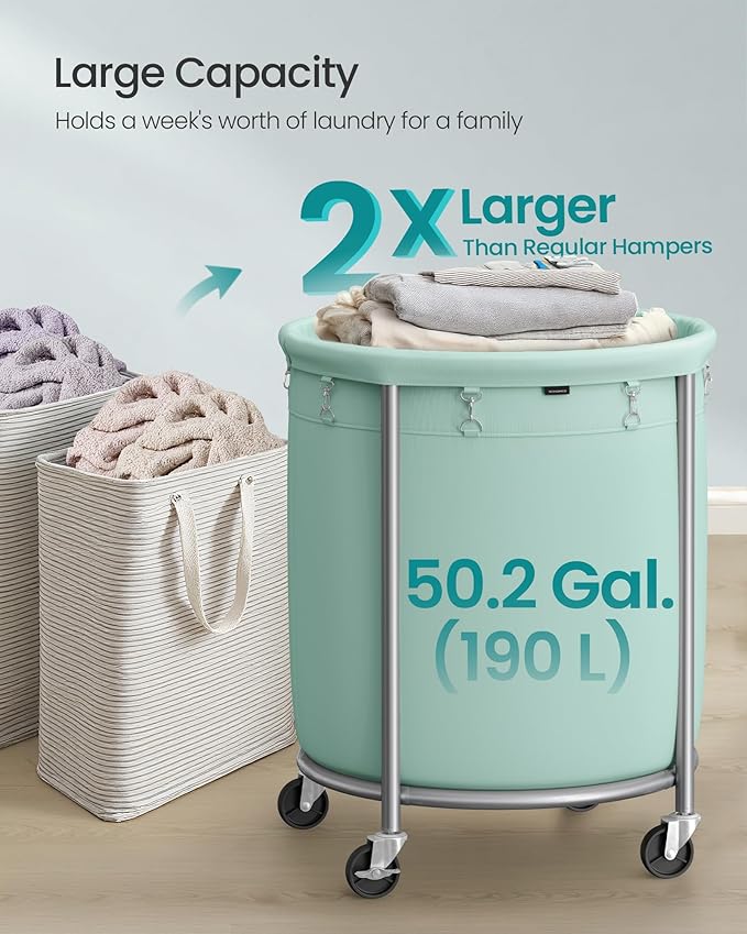 SONGMICS 50.2-Gallon (190 L) Laundry Basket with Wheels, Rolling Round Heavy-Duty Laundry Hamper Cart with Steel Frame and Removable Bag, 2 Locking Wheels, Mint Green and Metallic Silver URLS001C01