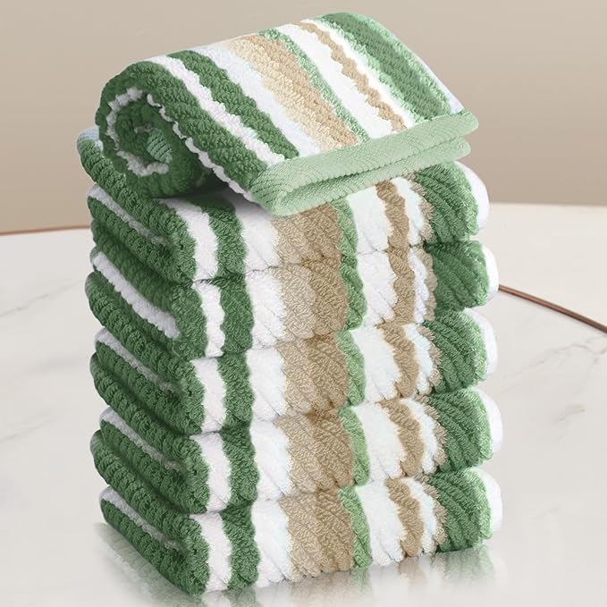 VOOVA & MOVAS Green Striped Wash Cloths - 100% Cotton, Quick Dry, Soft & Absorbent, 6PC Cotton Washcloths Set (13"x13"), Luxury Wash Cloths Set for Bathroom, Sage and Beige