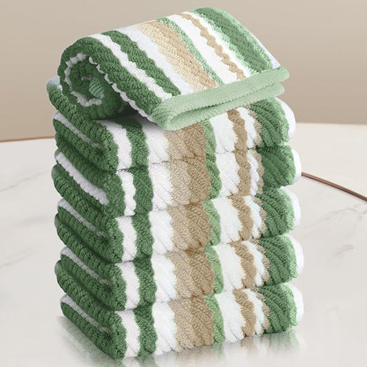 VOOVA & MOVAS Green Striped Wash Cloths - 100% Cotton, Quick Dry, Soft & Absorbent, 6PC Cotton Washcloths Set (13"x13"), Luxury Wash Cloths Set for Bathroom, Sage and Beige