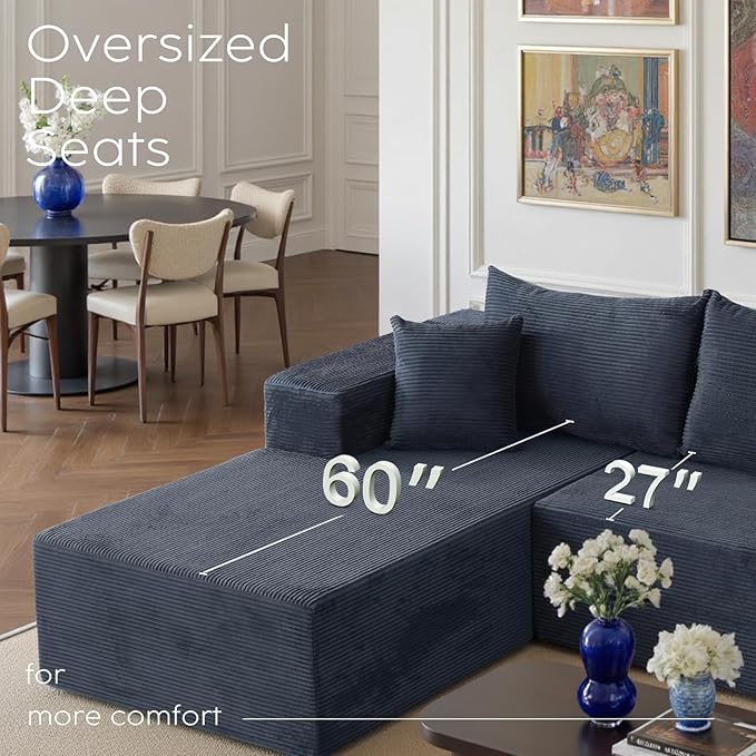 Blue Sectional Couches for Living Room, Boneless Couch with L-Shape Chaise, Modular Sofa in Box with Deep Seat, No Assembly Required