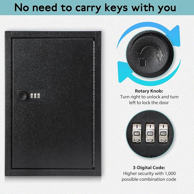 KYODOLED Locking Key Cabinet, 40 Key Storage Lock Box with Code, Key Box Wall Mount with Combination Lock, Key Hooks & Tags Labels for Home, Office, Business, 2.5" D x 8" W x 12" H (Black,40 Key)