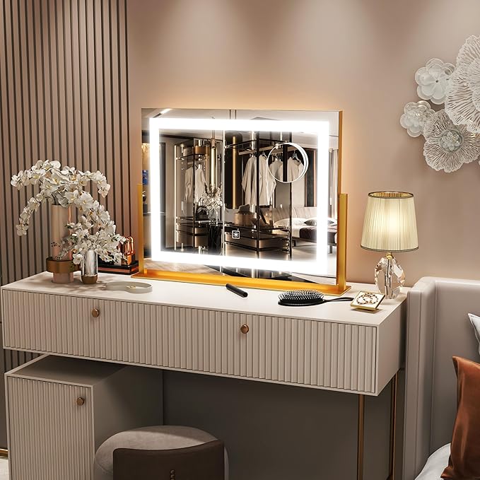 FENNIO Vanity Mirror with Lights 22''x18'' Makeup Mirror with Lights,Lighted Makeup Mirror with 10X Magnification ，Smart Touch Screen with 3-Color Lighting,Dimmable（Square Gold）