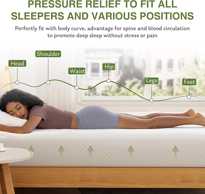 EGOHOME 6 Inch Queen Size Mattress for Kids, Memory Foam Mattress with Cooling Green Tea Gel, Relieve Pressure with Medium Firm Support, CertiPUR-US Certified, 80''L x 60''W, White