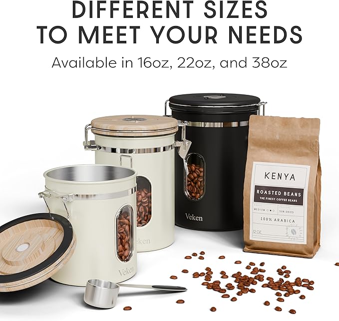 Veken Coffee Canister with Window, Airtight Stainless Steel Kitchen Food Storage Container with Lids, Date Tracker and Scoop for Grounds Coffee, Beans, Tea, Flour, Cereal, Sugar Jars, 16OZ, Cream