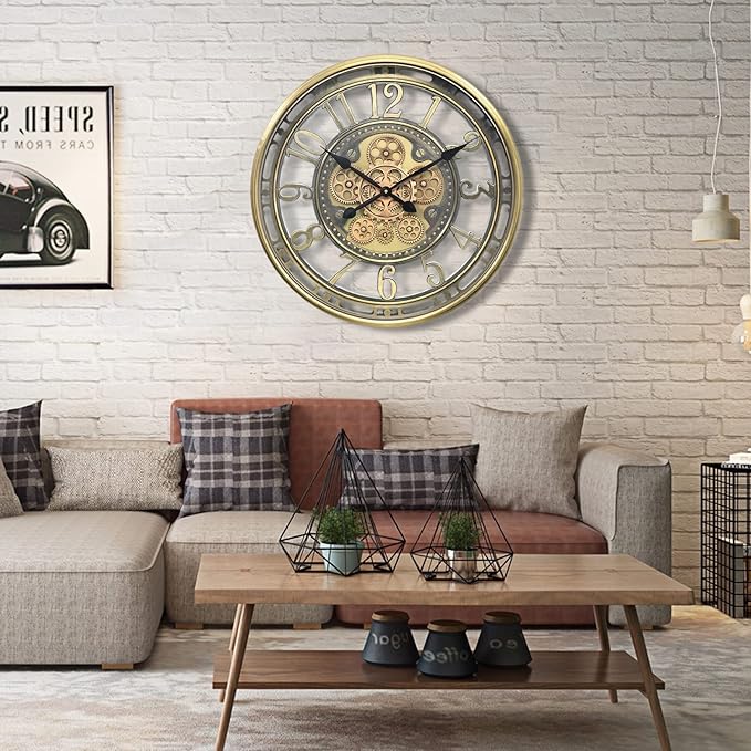 INFINITY TIME 21 Inch Moving Gears Wall Clock,Large Modern Decorative Wall Clocks for Living Room Decor,Brass Gold Roman Numeral