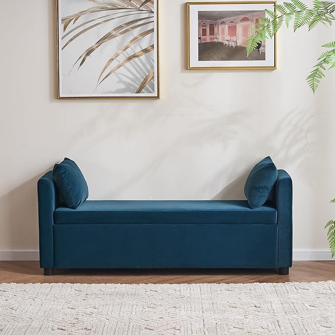 Velvet Storage Bench for Bedroom, 55" End of Bed Bench for King Size Bed, Modern Upholstered Long Ottoman Bench with Arms and 2 Pillows for Living Room/Entryway (Teal/Blue-Green)