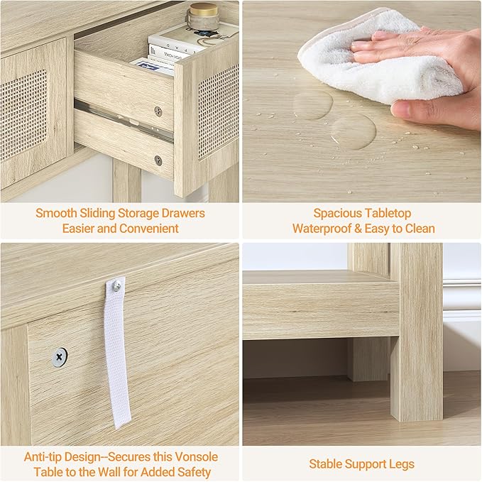 ELYKEN Rattan 51.2" Console Table with 3 Drawer, Entryway Table with Drawer & Shelf, Boho Sofa Table Behind Couch Foyer for Living Room, Hallway, Natural Wood