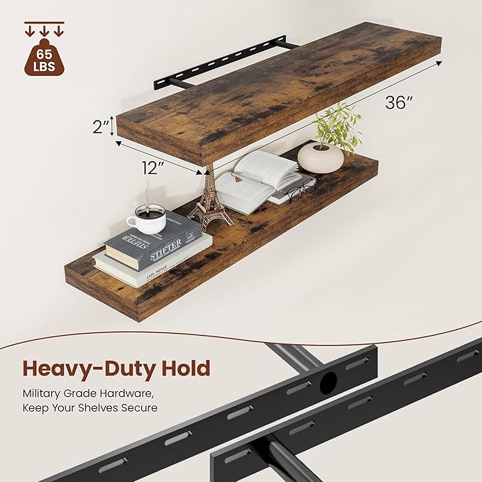 Vivelove 12" Deep Floating Shelves for Wall 36" Long, Wall Shelves for Bedroom Living Room Bathroom Kitchen Laundry Room, Farmhouse Rustic Shelves for Home Decor, 36" X 12" X 2" Set Of 2, Rustic Brown