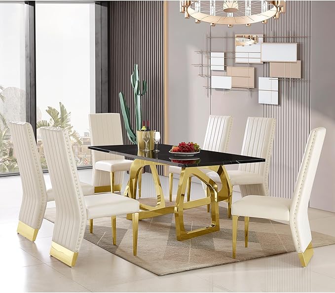 AUZ White Leather Dining Chairs Set of 6, Luxury White and Gold Upholstered Dining Room Chairs with Nailhead Trim, Modern Dining Chair with Polished Gold Metal Legs
