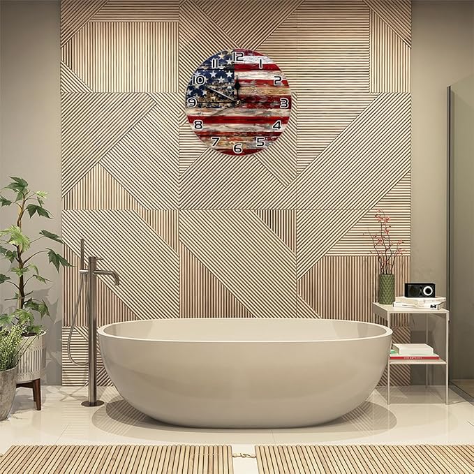 Old Wooden American Flag Wall Clock Battery Operated 10 in Round Wall Clocks Slilent Non Ticking Quartz Analog Clock for Bedroom Kids Living Room Classroom Decor