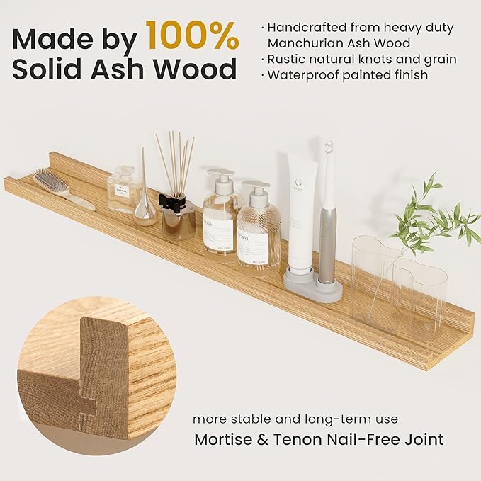 Solid Ash Wood Picture Ledge Shelf, 24 Inch Wood Floating Shelves with Lip Set of 2, Photo Ledge Shelf Nursery Bookshelf Wall Mounted for Living Room Bedroom Decor, Natural