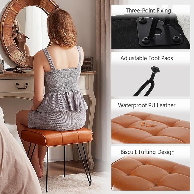 PU Leather Vanity Stools, Vanity Stool Chairs for Makeup Faux Leather Foot Stools Ottoman with Metal Leg Make up Chairs for Vanity Small Bench Seat for Living Room Bedroom (Whiskey Brown)