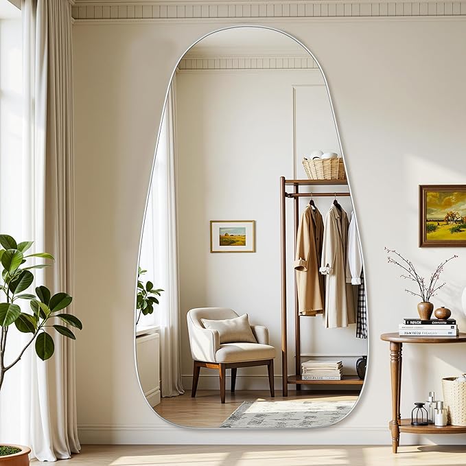 Antok Full Length Mirror, 81"x41" Floor Mirror with Stand,Standing Hanging Leaning Irregular Mirrors for Bedroom Living Room Entryway,Tear Drop Style,Silvery