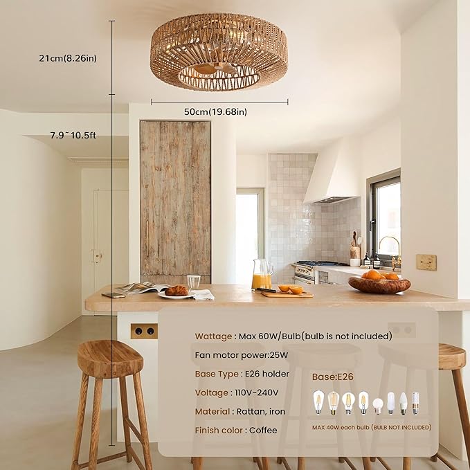 20" Boho Caged Fandelier with Lights Flush Mount Rattan Ceiling Fan with Lights and Remote Control, Enclosed 6 Speeds Low Profile Fan Light for Bedroom, Living Room, Kitchen